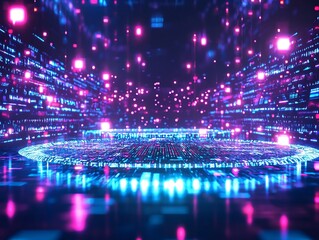 Obraz premium Futuristic Digital Arena of Competing Companies Showcasing Glowing Data Driven Strategies