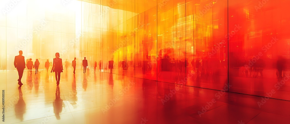 Poster silhouetted figures in a dreamy urban environment with warm tones of orange and red illuminating mod