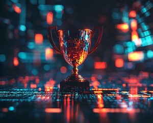 Glowing Digital Trophy Signifies Business Competition and Market Leadership