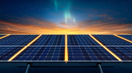 Futuristic solar farm. Massive solar grid under vibrant sunset with northern lights illuminating sky