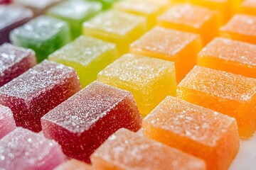 Colorful rectangular pâtes de fruits, a.k.a. fruit pastes, a.k.a. fruit jellies, coated with sugar crystals, their vibrant hues and glossy finish creating a tempting, artisanal appeal in warm light