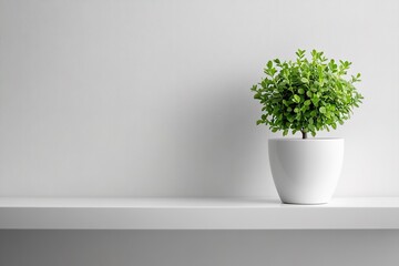 Fototapeta premium Minimalist green plant in white pot on shelf against wall