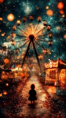 Obraz premium a little girl standing in front of a giant ferris wheel at night, surrounded by trees and illuminated by colorful lights The sky is filled with stars and the groun