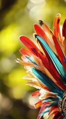 Fototapeta premium A colorful ceremonial feather headdress stands out against a blurred background