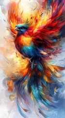 Fototapeta premium a vibrant painting of a phoenix bird on a white background, with its wings spread wide and its feathers in a variety of colors including red, blue, yellow, and oran