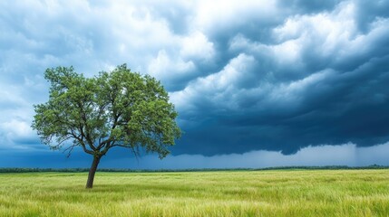 Obraz premium Solitary Tree Standing in Lush Green Field Under Dramatic Stormy Clouds with Rolling Thunderheads and Soft Light Before the Rain