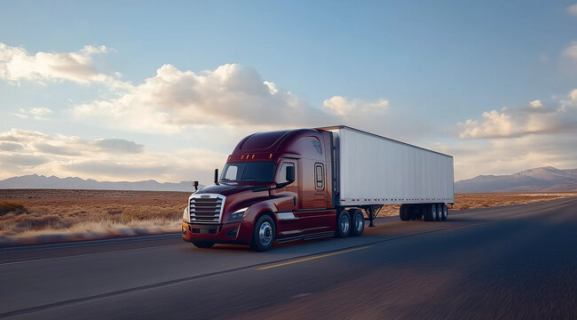 An American-made semi-truck with a white trailer and a dark red cab, driving on the road in an open field. 