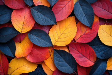 autumn leaves of various shades - yellow, orange, red and dark blue.