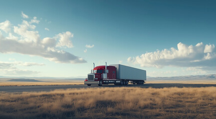 An American-made semi-truck with a white trailer and a dark red cab, driving on the road in an open field. American-style, 