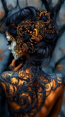  a woman with intricate black and orange body paint on her back, set against a blurred background