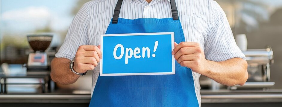 Hands holding an open sign signaling a vibrant new beginning for a local coffee shop
