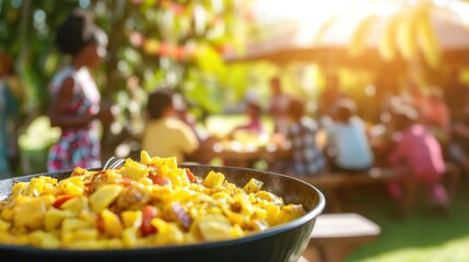 Community members gather to celebrate heritage day, enjoying traditional food and games together