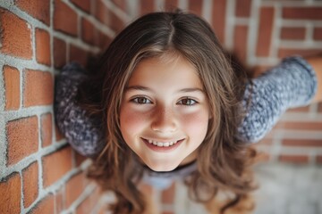 A young girl leaning against a brick wall, possibly in a nostalgic or contemplative mood
