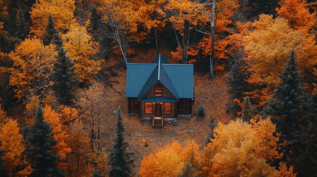 Autumn Cabin Nestled Amongst Colorful Trees