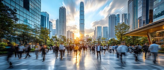 Fototapeta premium Busy urban scene during sunset in a modern city with blurred pedestrians near skyscrapers, showcasing vibrant city life and dynamic architecture in a bustling atmosphere.