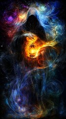  a person in a hooded cloak holding a lantern in front of a colorful nebula, with a dark background The person appears to be in a trance-like state, with their eyes