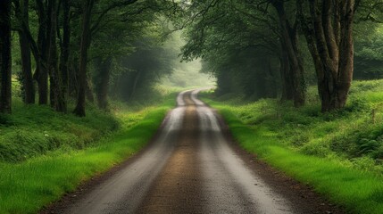 Obraz premium Misty Forest Road Winding Through Lush Green Trees