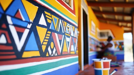 Artisans paint vibrant Ndebele murals with colors and geometric patterns on house walls