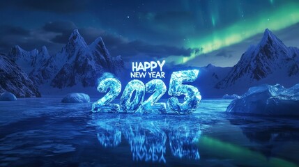 Happy New Year and 2025 typography crafted from crystal ice on a frozen lake with snow-capped mountains and northern lights