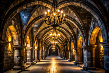 Fototapeta premium A grand, dimly lit stone hallway features elegant chandeliers and arched ceilings, creating a mysterious and atmospheric ambiance.