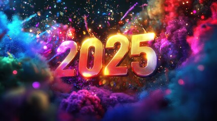 Sleek 2025 3D typography with glossy finish surrounded by colorful light bursts and powder explosions..
