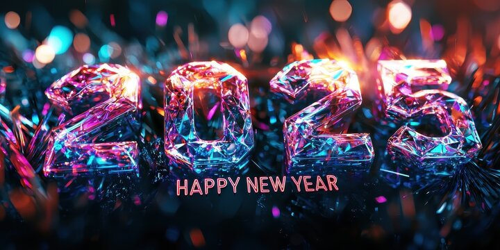 2025 typography made of crystal shards reflecting colorful light with "HAPPY NEW YEAR" text..