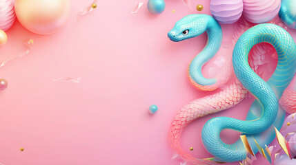 Fototapeta premium 3d of happy new year on red background with cartoon of snake, free space for text