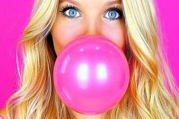 Naklejka premium A vibrant image of a person with blonde hair blowing a large pink bubble, set against a bright pink background, emphasizing fun and playfulness.