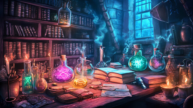 Enchanting medieval alchemy lab with mystical glowing potions, ancient books, and vibrant magic elements under candlelight. Mystic Alchemy Symbols. Illustration