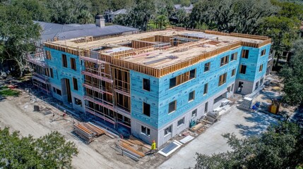 Modern Building Under Construction: Progress and Architectural Design Features