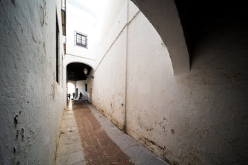Obraz premium Narrow Alleyway in Santa Cruz Sevilla with People Walking