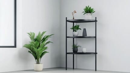Modern minimalist corner shelf with various indoor plants in stylish pots, enhancing a bright and airy living space, perfect for interior decoration and design inspiration.
