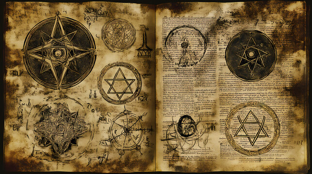 An old page from a witch magic spell book with wicca and mystic symbols illustrated in a gothic, occult and esoteric style. Mystic Alchemy Symbols. Illustration