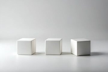 Three minimalistic white cubes are arranged in a row on a smooth surface, set against a soft grey background, emphasizing simplicity and modern design.