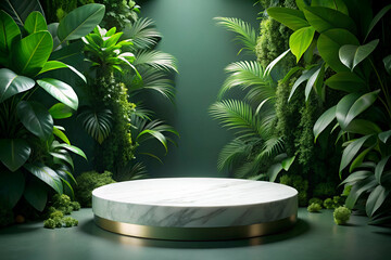 A serene display space surrounded by lush green plants, featuring a circular marble platform illuminated by soft lighting, perfect for product showcases.