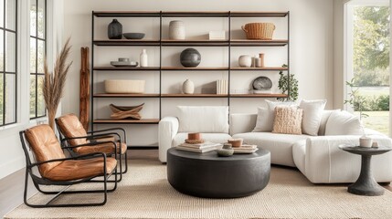 Cozy and Stylish Living Room with Modern Decor Featuring Neutral Tones, Minimalist Furniture, and Natural Textures for a Warm Atmosphere