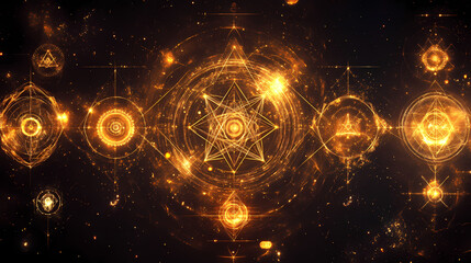A cosmic background with a series of glowing golden sacred geometry shapes, symbolizing balance, harmony, connection, spirituality, and the universe. Mystic Alchemy Symbols. Illustration