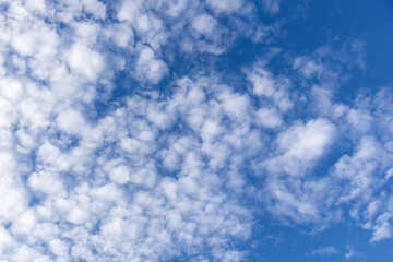 Diferentes formaciones de nubes en el cielo azul	por la tarde