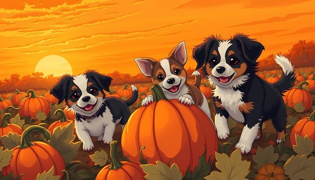 Adorable Puppies in Pumpkin Patch at Sunset