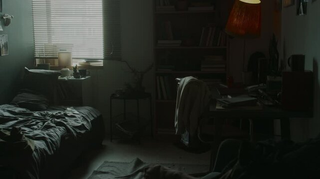 No people tilt up view of untidy dark room with unmade bed, wrinkled carpet and record player on it, messy desk and scattered clothes