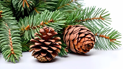 Christmas decoration with fir cones and fir branches isolated on a white background