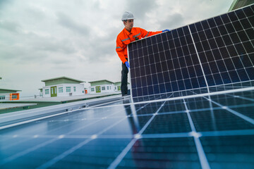 A worker in an orange safety jacket inspects solar panels on a rooftop, using a laptop to ensure proper maintenance. The scene highlights renewable energy, solar technology, and sustainable practices.