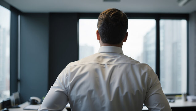 rear view of a CEO standing looking out the window in his office 