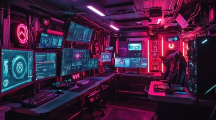 Obraz premium A high-tech workspace with multiple screens and neon lighting for gaming or programming.
