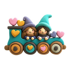 A charming illustration of two girls in a colorful train, adorned with heart shapes, celebrating friendship and joy.3d rendering isolate on white background
