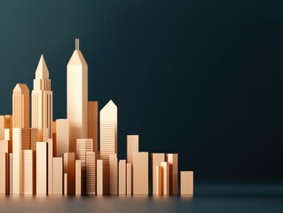 Obraz premium A stylized city skyline made of golden geometric shapes against a dark background, showcasing modern architecture and design.