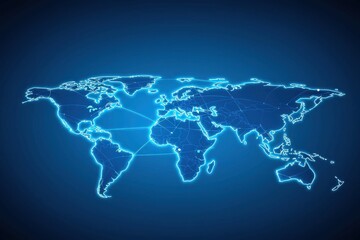 Fototapeta premium A digital map of the world, illuminated in blue, showcasing global connections with lines representing data flow between continents.