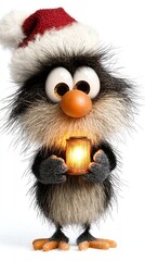 Fototapeta premium an animated penguin wearing a Santa hat and holding a lantern in its hands The penguin is black, white and orange in color, set against a white background