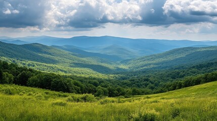 Fototapeta premium Serene Mountain Landscape with Lush Green Forests Under Dramatic Cloudy Sky, Capturing the Tranquility of Nature's Beauty in Scenic Panorama