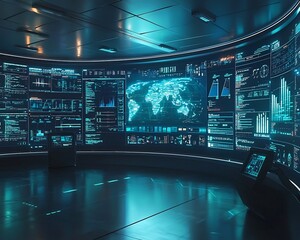 Futuristic Control Room Monitoring Cybersecurity Threats on Holographic Screens